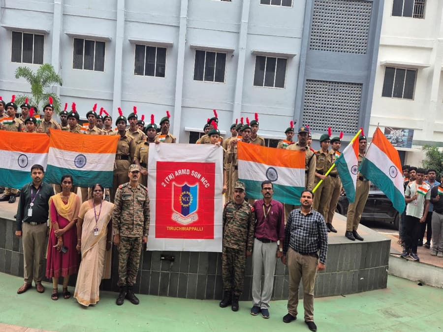 Cadets with the national flag at the 150th Vande Mataram celebration