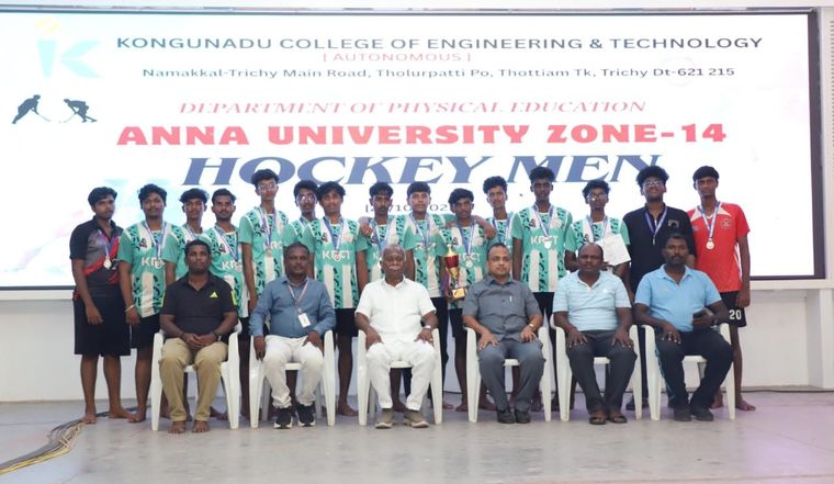 KRCT hockey team with the Anna University Zone 14 trophy